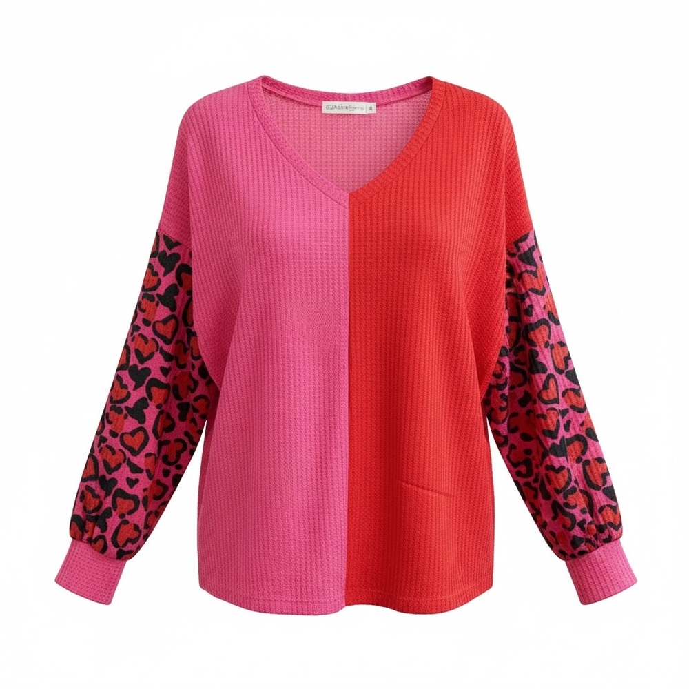Emma & Grace Pink and Black Leopard Sleeve Sweater- Size Large